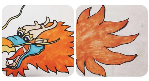 龙头,龙尾,涂色并以轮廓线剪掉空白纸.