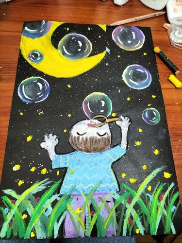 吹泡泡_颜料_儿童画_临摹_文化_绘画