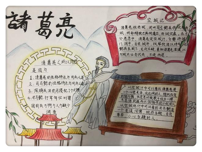 周四,我设计了手抄报,画了一个风度翩翩的孔明先生,分析了他的性格