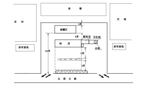 加油站安全设施施工情况报告 加油站总平面布置示意图 1