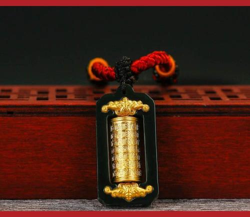 【直播电商热卖】时来运转金镶玉吊坠足金墨玉转运筒转金桶项坠