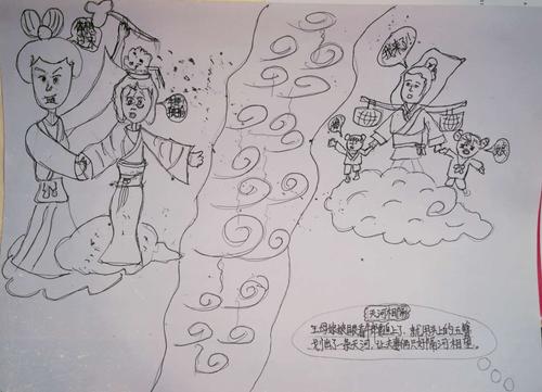 王母娘娘眼见牛郎要追上了,拔下玉簪,在他们身后划出了一条天河,让