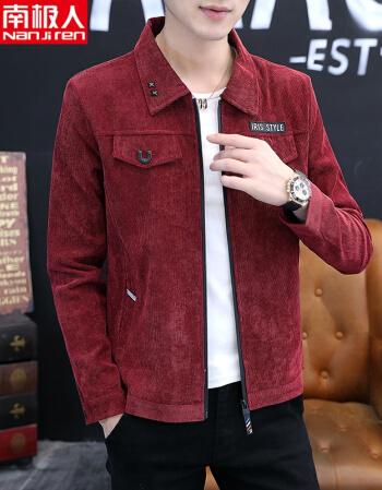 外套男士修身韩版潮流翻领休闲帅气工装棒球服男式上衣男装酒红色l
