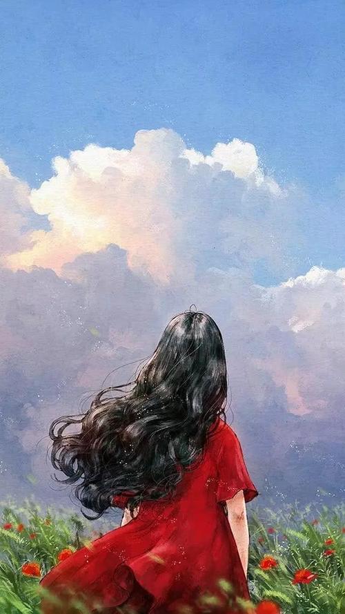 女生背影头像图片女生背影壁纸唯美图片穿红色裙子在花丛里蓝天卷发