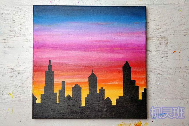 丙烯画技巧:怎么用混合颜色画黄昏的城市(步骤图解)