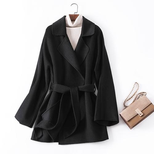 2020秋冬女式高端黑色短款水波纹双面羊绒大衣100%羊毛系带外套潮