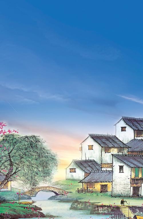 手绘江南小镇旅行海报psd