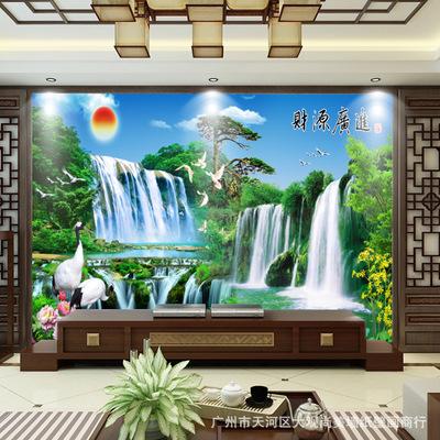新中式山水风景客厅无缝壁画财源广进3d立体电视沙发背景墙壁纸