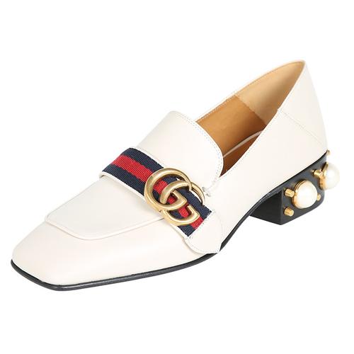 【17新品】gucci/古驰 双g扣真皮中跟 女士乐福鞋 423537dkhc0 米白色