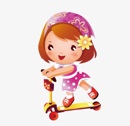 关键词 : 花朵,紫衣女孩,黄色滑板车