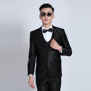 2017春款亮黑色男士正装西服 修身韩版新郎 婚礼男职业西装男套