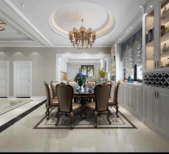 餐厅采用圆形吊顶以对应餐桌所选用的圆形桌,所用硬软装尽显欧式轻奢