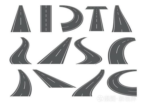 插画 公路, 沥青路.透视中的一组曲线元素.弯曲的路向量例证.eps