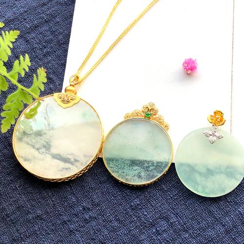 裸石玉无事牌木那高冰种吊坠圆形棉雪花平安扣翡翠18k金定制镶嵌