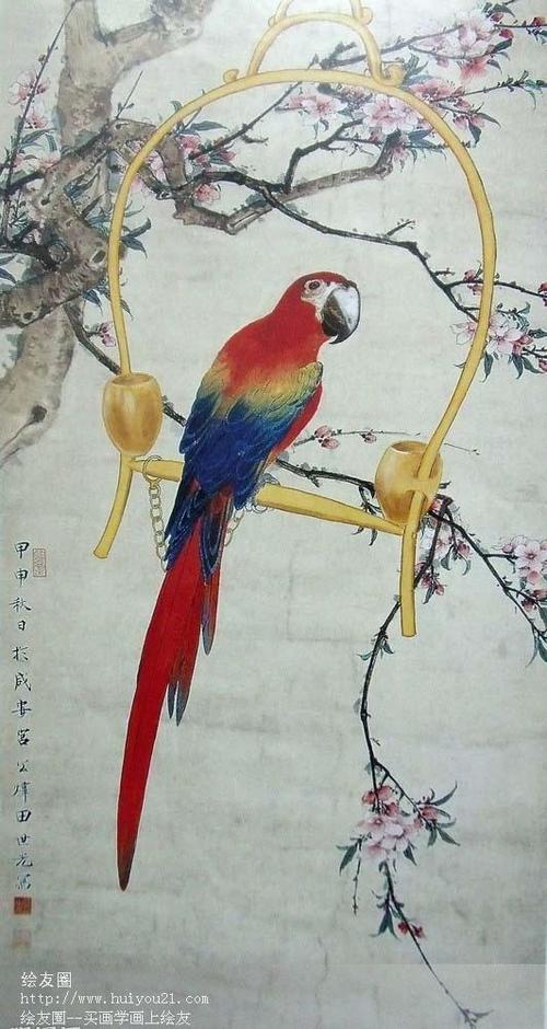 国工笔画花鸟有鹦鹉和桃花