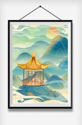 国潮中国风山水建筑凉亭插画