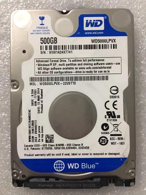 西部数据wdwd5000lpvx笔记本硬盘sata37mm25英寸蓝盘500g机械硬盘