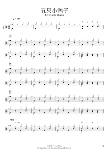 【儿童架子鼓】五只小鸭子five little ducks架子鼓鼓谱 简单入门鼓谱
