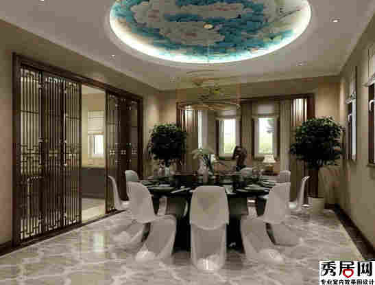 白兰花壁纸修饰圆形石膏板吊顶设计图片黑色圆形烤漆餐桌白色塑料椅