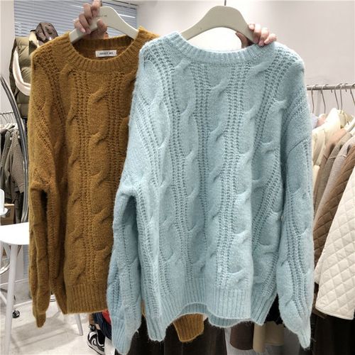 2021韩国about秋冬新款圆领套头慵懒风麻花中长款针织毛衣女【12月4日