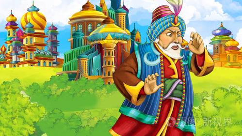 卡通场景与中世纪阿拉伯王国王子或国王旅行远东装饰舞台不同用途的