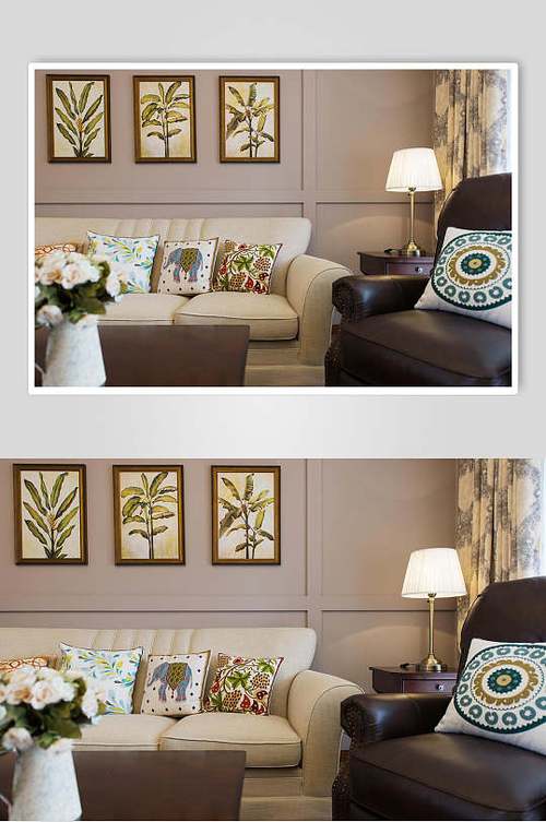 美式二居室米色布艺沙发文艺装饰画家装图片