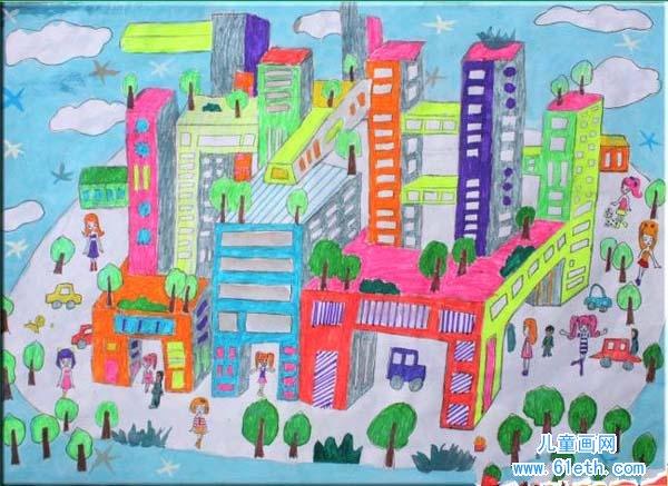 绿色城市儿童画画图片
