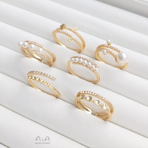 保色珍珠戒托14k包金微镶锆石珠托戒指手工diy镶嵌水晶玉石开口戒