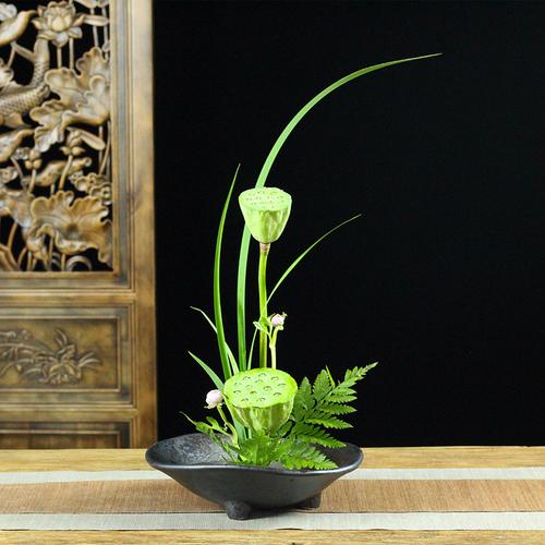 三足花盘禅意中式剑山插花器日式小原流底座器皿陶瓷水培花盆造景