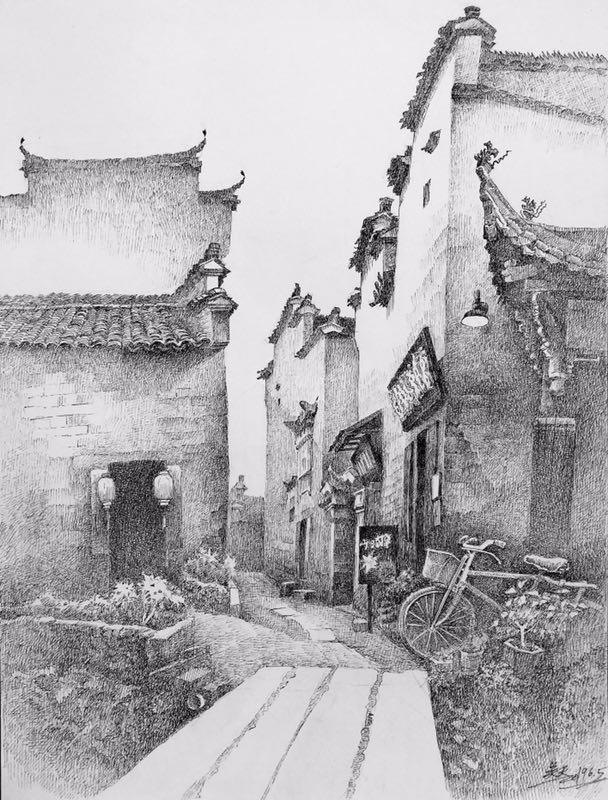 再绘屏山古建吴天先生钢笔画作品分享