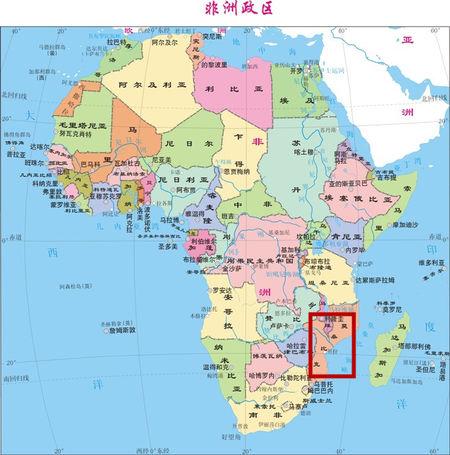 莫桑比克共和国在世界地图上的位置