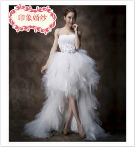 2015前短后长羽毛婚纱 齐地 适合矮小个子新娘婚纱 娇小穿的短款