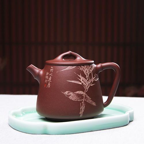 宜兴紫砂壶名家周腾亮陶刻雕刻竹纯手工中槽清竹节高石瓢紫砂茶壶