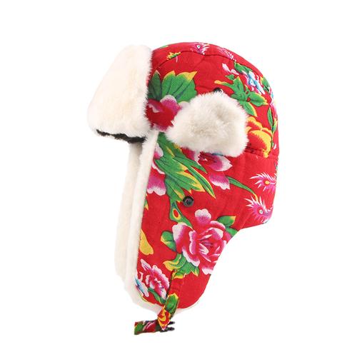 网红复古花布雷锋帽女大头围加保暖护耳东北帽子