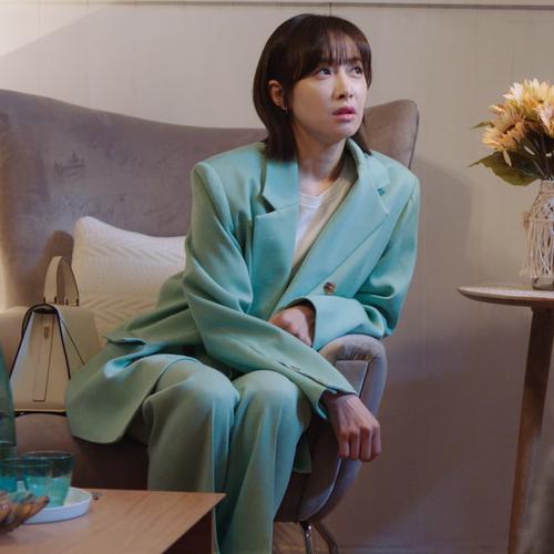 早秋心跳源计划裘佳宁宋茜同款女秋绿色宽松通勤西装外套裤子套装