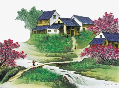 水墨手绘乡村png素材透明免抠图片-装饰效果