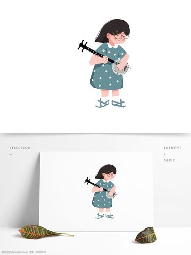 卡通可爱拉二胡的小女孩