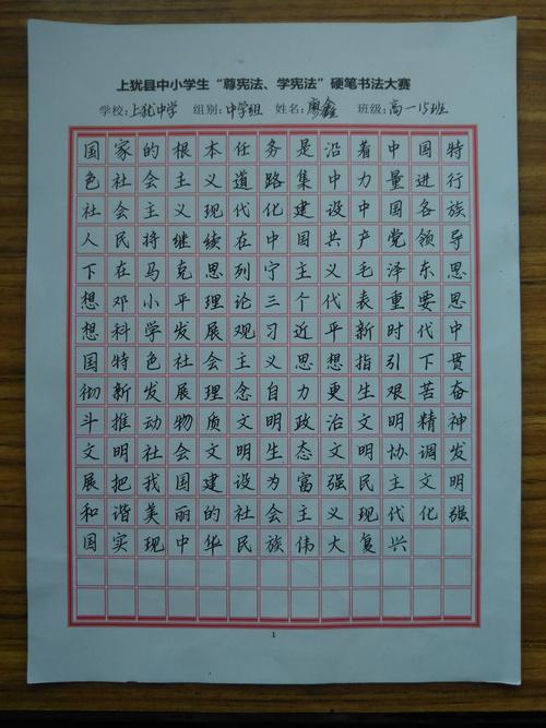 上犹中学参加全县中小学生"尊宪法,学宪法"硬笔书法大赛优秀作品展