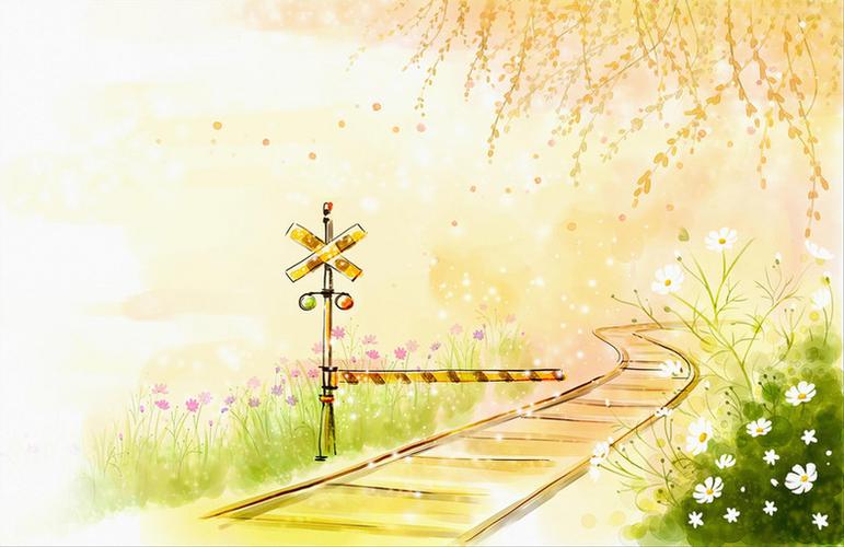 手绘铁路旁风景背景素材