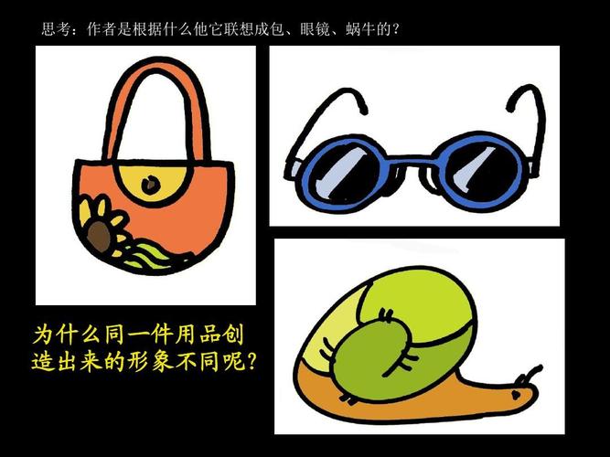 思考:作者是根据什么他它联想成包,眼镜,蜗牛的?