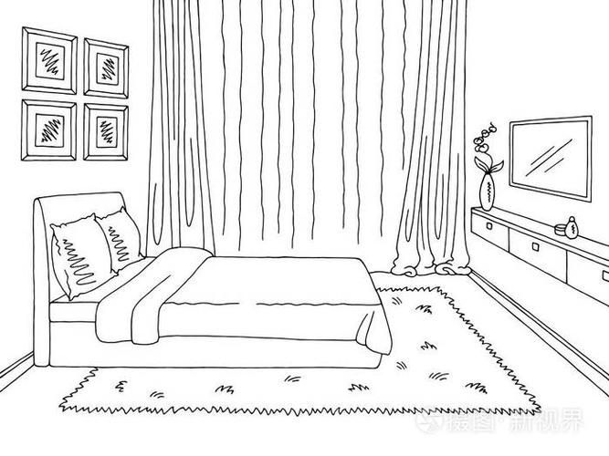 卧室图形黑色白色内饰素描图矢量