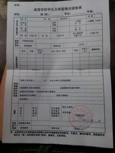 这是我得家庭情况调查表,我是专科生,这个是附通知书里寄来得,别人都