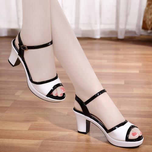 2019新款夏季真皮凉鞋女足意尔康粗跟高跟夏天百搭中跟鱼嘴女鞋