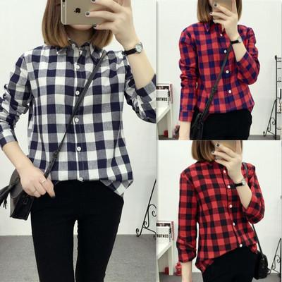 韩版春秋新款休闲衬衫女长袖红黑格子中长款bf风衬衣宽松百搭外套