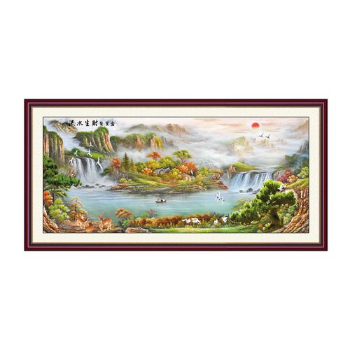 流水生财自粘山水画办公室招财风水国画中式客厅鸿运当头聚宝盆画