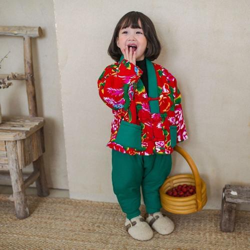 儿童东北花棉袄纯手工喜庆围巾两件套可爱小童棉裤外穿棉花汉服