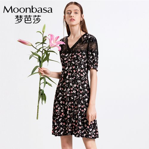 购客2019秋季新款 梦芭莎女装 收腰显瘦气质连衣裙中长款 小清新碎花