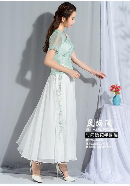 2019春夏民族风文艺复古绣花雪纺半身裙长裙唐装汉服大摆裙仙女裙