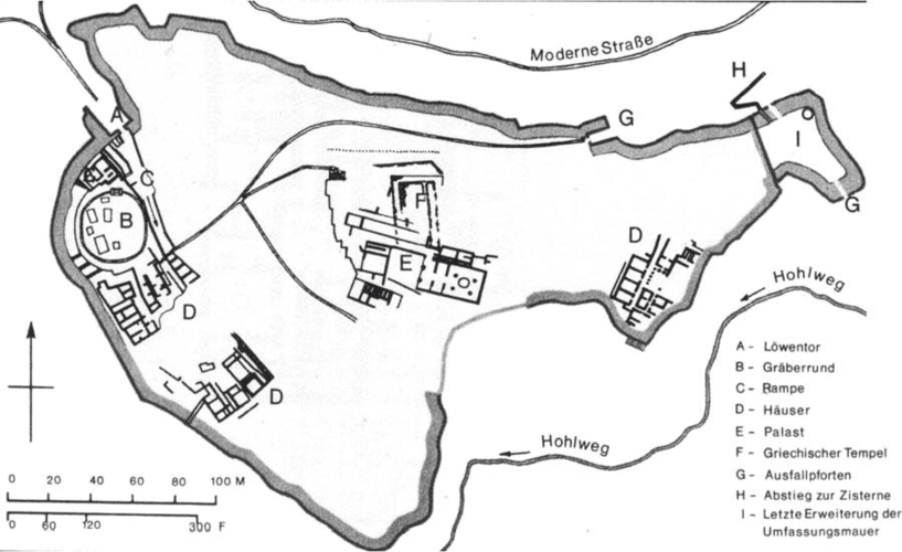 位于伯罗奔尼撒半岛的迈西尼卫城平面图(公元前1600年)