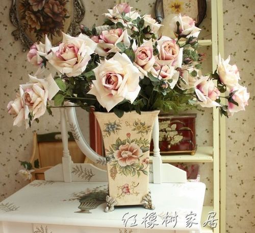 红橡树家居 欧式经典 牡丹花系列 陶瓷手绘花瓶 加4束